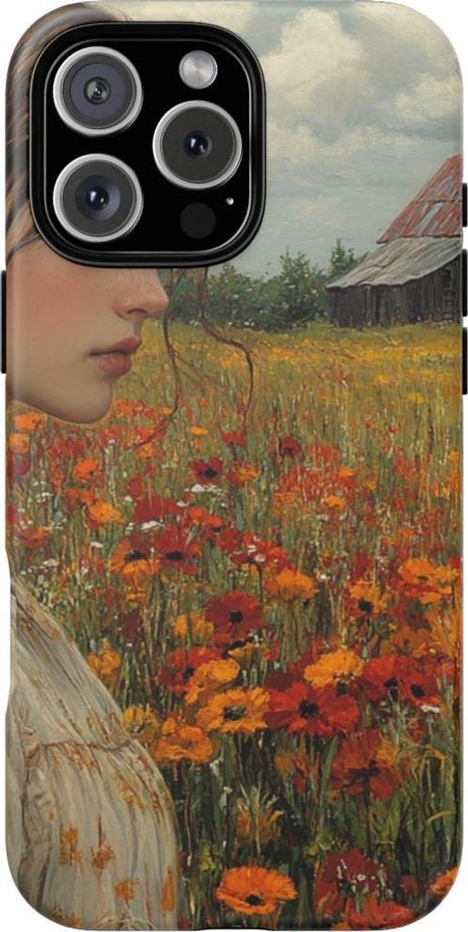 Junge Frau im Blumenfeld vor Scheune – Hülle Kompatibel mit iPhone 16 Pro Max