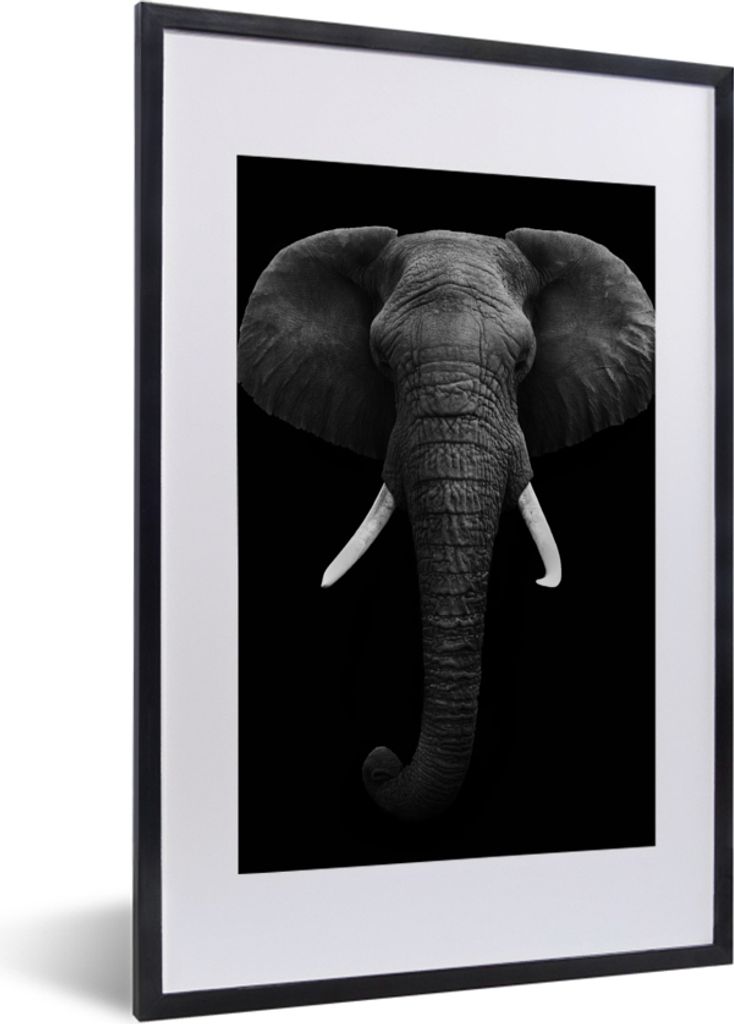 MuchoWow Gerahmtes Poster Elefant - Wildtiere - Schwarz - Weiß - Porträt 40x60 cm - Poster mit Schwarzem Bilderrahmen Wandposter Rahmen Foto Bi...