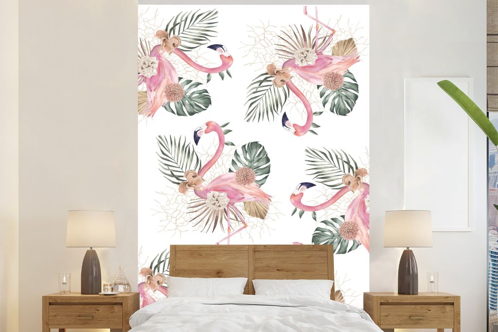 MuchoWow Fototapete für Wohnzimmer oder Schlafzimmer Wandtapete Vinyl Motivtapete Muster - Blumen - Flamingo - 225x350 cm - Schlafzimmer tapete