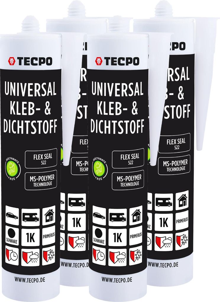 TECPO Universal Kleb- und Dichtstoff SMP Hybrid, 4x 480g Schwarz Flex Seal 522 elastisch, silikonfrei, lösemittelfrei- KFZ Bau Industrie Innen und...