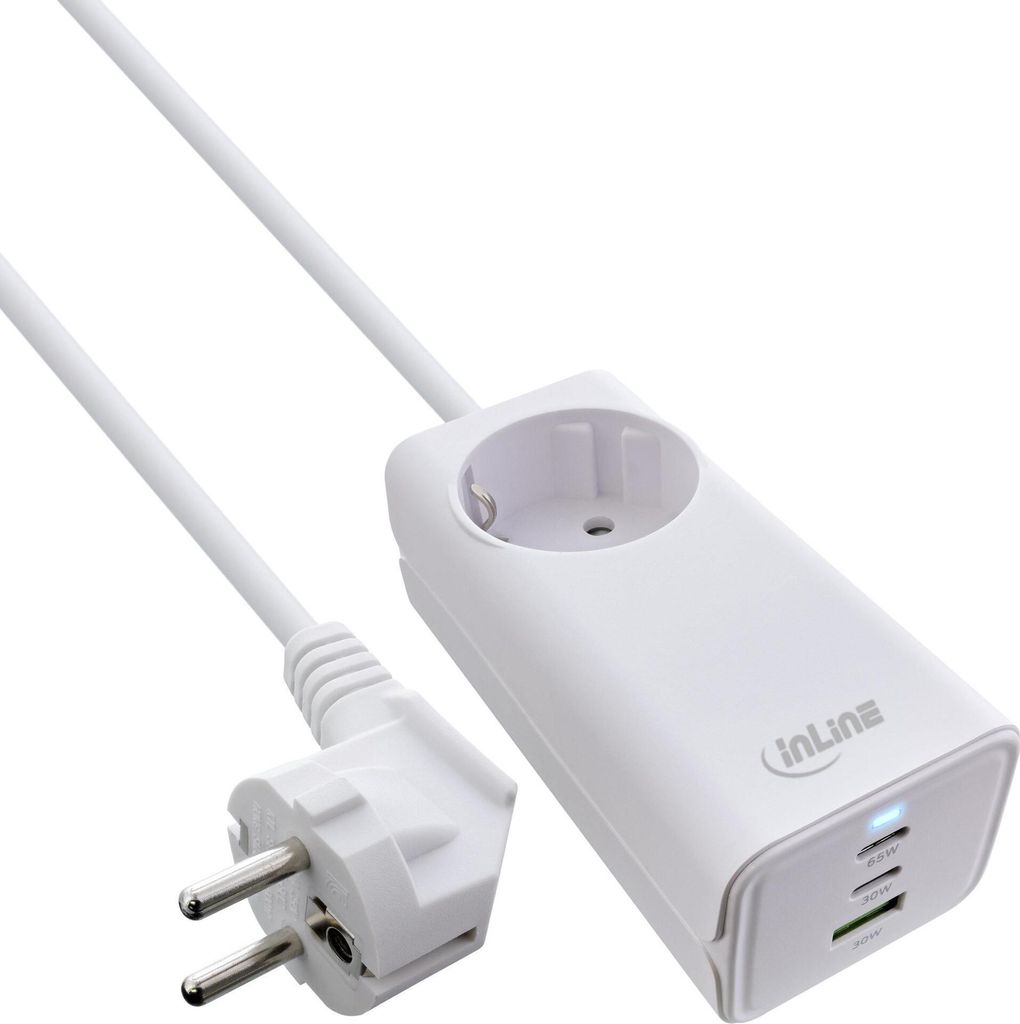 InLine USB Netzteil, GaN Ladegerät, 2x USB-C, 1x USB-A, mit Schutzkontaktbuchse