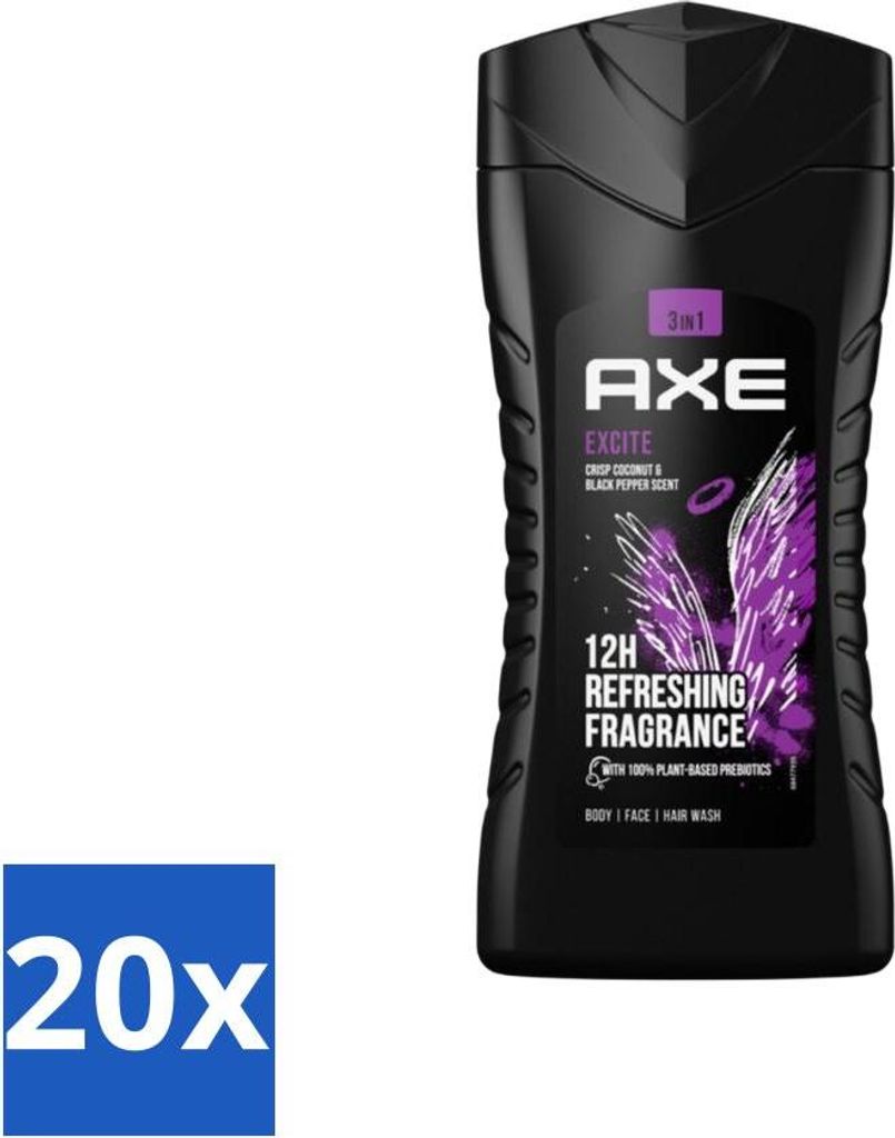 Axe - 3-in-1 Duschgel - Excite - Duschgel - Knackige Kokosnuss & Schwarzer Pfeffer - 100% pflanzlich - 250 ml - Vorteilspack - 20 Stücke