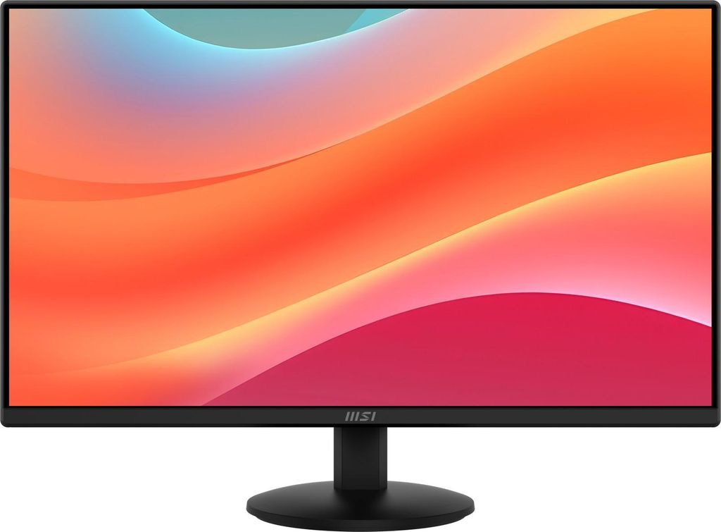 A computer monitor on a stand, displaying a colorful abstract wallpaper.