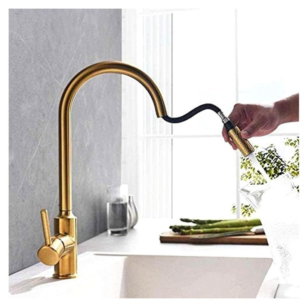 Wasserhahn, gebürstetes Gold, Küchenarmatur, herausziehbar, schwarzer Küchenmischhahn, Einhebelmischer, 360-Grad-Schwenk-Waschtischarmatur