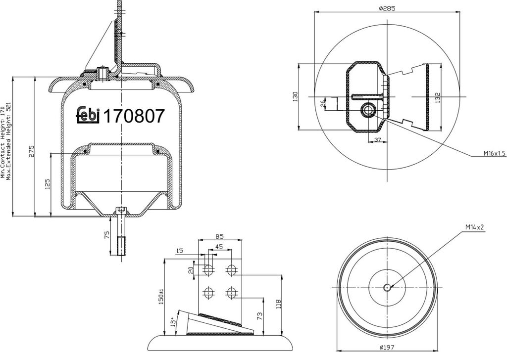 FEBI BILSTEIN Luftfederbalg 170807 Hinten Rechts für IVECO EUROSTAR 170 520mm 285 190mm