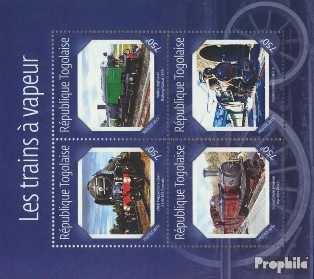 Briefmarken Togo 2014 Mi 6304-6307 Kleinbogen (kompl. Ausgabe) postfrisch Dampflokomotiven