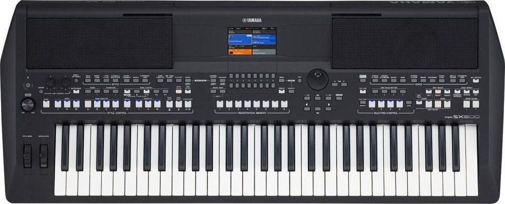 A top-down view of a black Yamaha PSR-SX 600 keyboard.