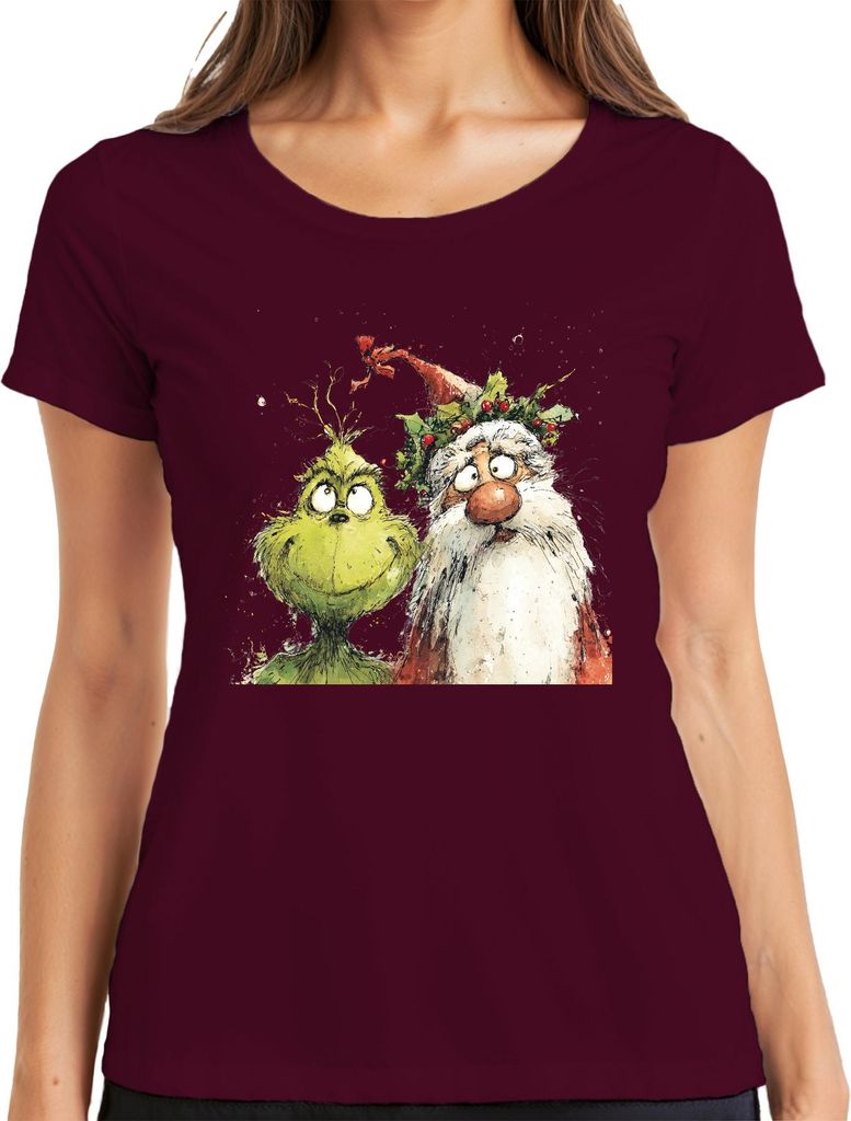 Grinch Weihnachtsmann frech Weihnachtsspaß Aquarell Cartoon Damen T-Shirt, Burgundy, S
