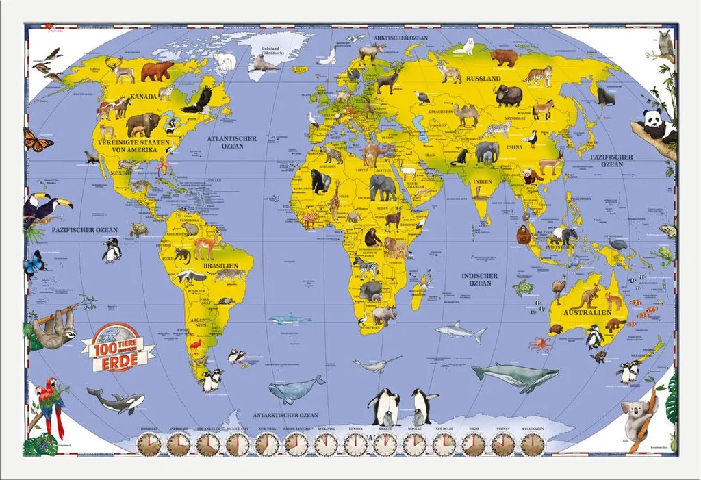 Mappe - Poster - Mappa del mondo per bambini - 100 animali della nostra terra + cornice rimovibile, Shinsuke® Maxi MDF bianco, disco acrilico
