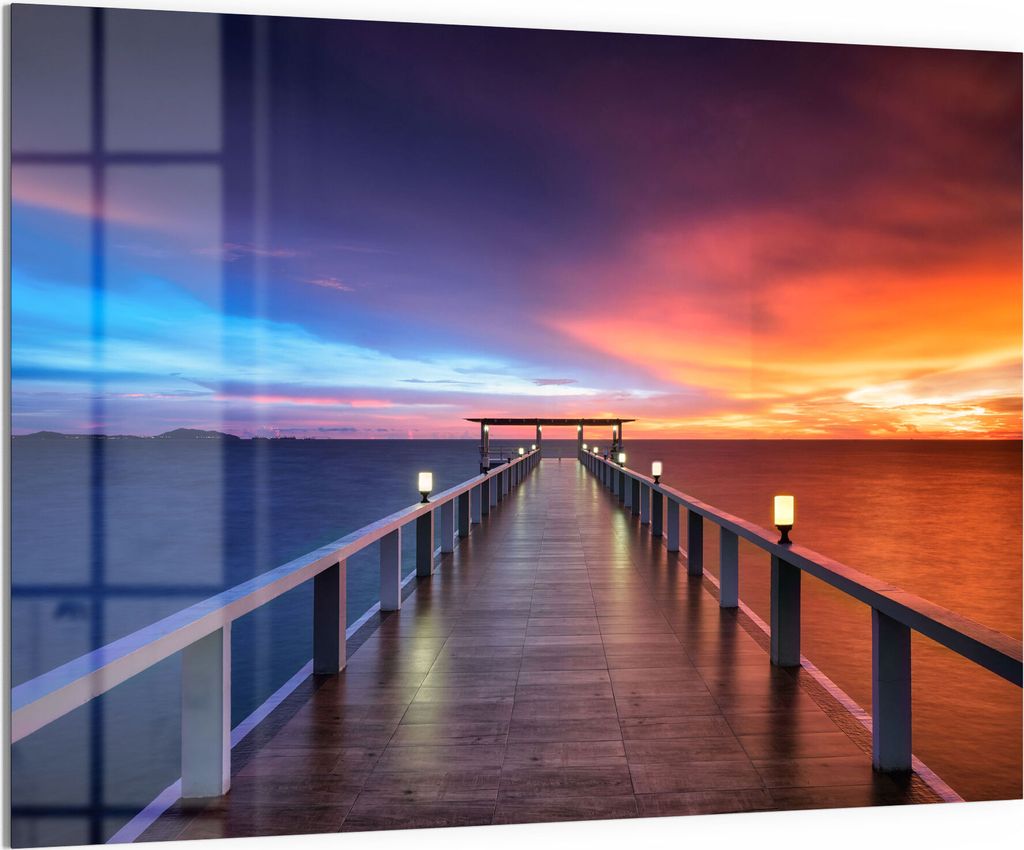 DEQORI Magnettafel Glas 120x90 cm 'Holzkai am Abend' beschreibbar Whiteboard