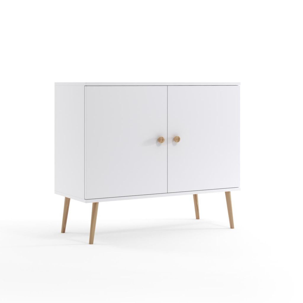 Kommode 100 cm Weiß mit Türen Holzbeine Boho Skandi Sideboard modern