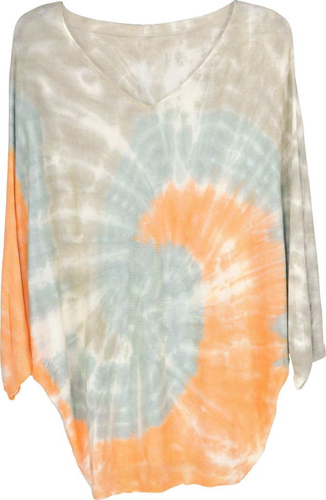 styleBREAKER Damen Feinstrick Poncho mit Batik Muster, 3/4 Ärmel, V-Ausschnitt, sommerlich leicht, Einheitsgröße 08010079