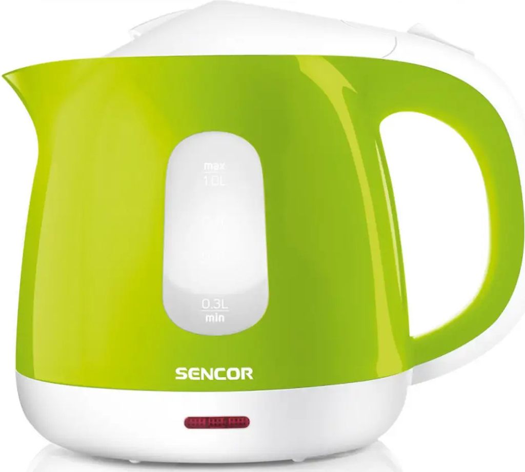 A bright green and white electric kettle is shown against a white background.