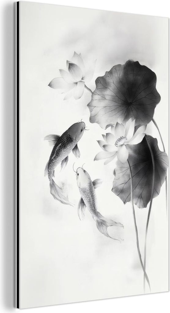 MuchoWow Wanddekoration Metall Metallbild Wandkunst 40x60 cm Lotusblumen - Fisch - Blätter - Schwarz MuchoWow Aluminium Gemälde - Wanddekoration ...