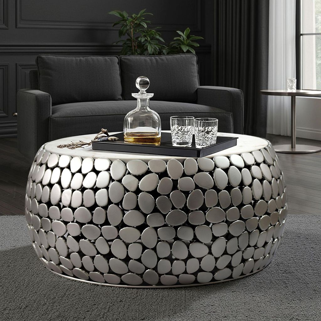 FineBuy Design Couchtisch rund 66 cm Aluminium silber & weißer Marmor Tischplatte - Wohnzimmertisch Alu - Metall Sofatisch - Beistelltisch Wohnzimmer