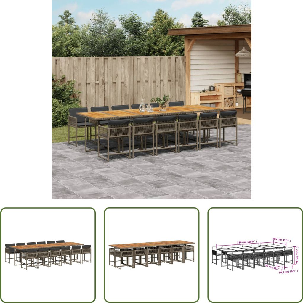 The Living Store 13-tlg. Garten-Essgruppe mit Kissen Grau Poly Rattan
