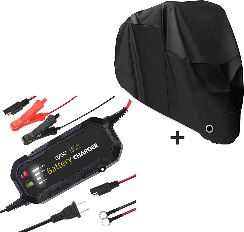Set Motorrad Batterie Ladegerät + Abdeckplane XXL schwarz