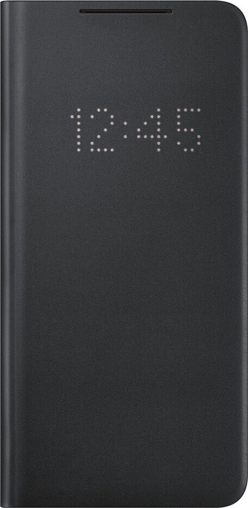 A black smartphone case with a digital clock displayed on its cover.