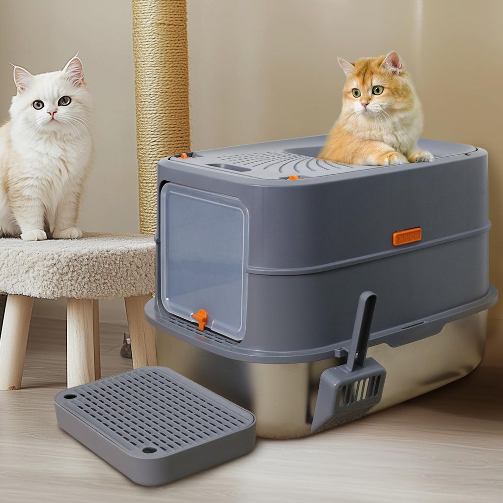 FATIVO Extra Großes Edelstahl Katzenklo mit Deckel & Schaufel – Geräumige Haubentoilette für Katzen, 58×42×42 cm