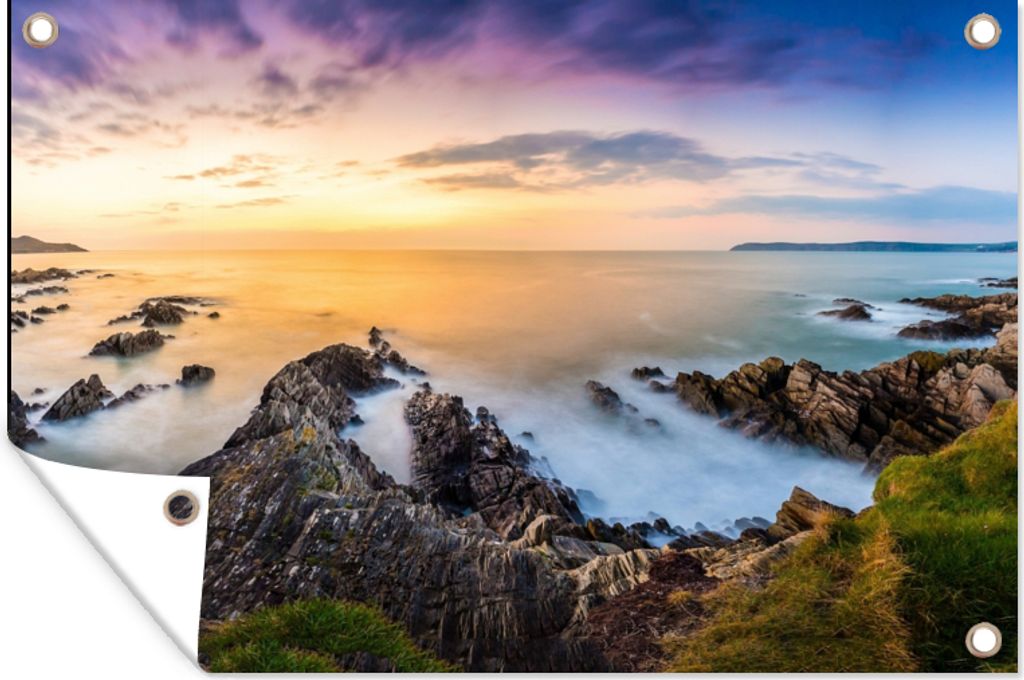 MuchoWow 120x80 cm Outdoor-Poster Gartendeko Sichtschutz Garten Poster für den Garten Sonnenuntergang - Horizont - Wasser - Landschaft - Blau