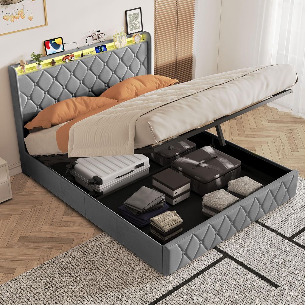 Polsterbett 160x200 cm mit Bettkasten, RGB-LED, USB-C, Produktbild 