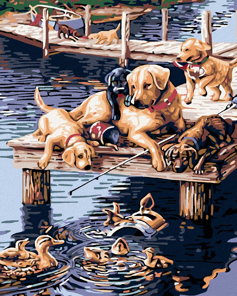 Malen nach Zahlen - HUNDE AUF DEM STEG, 40x50 cm, mit Keilrahmen (bereits gespannt)