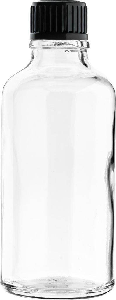 Farblose Glasflasche 50 ml mit schwarzer Kappe, Gewinde 18/415