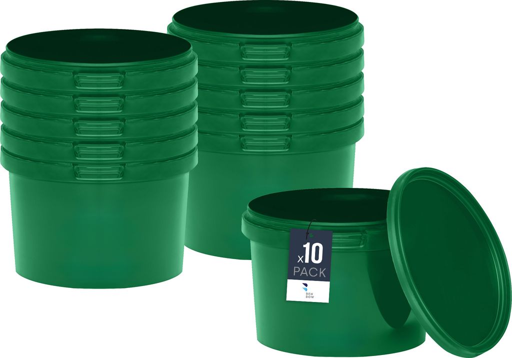 BenBow Eimer mit Deckel 0,5L x10 Grün - lebensmittelecht, stabil, luftdicht, auslaufsicher, geruchsneutral - Plastikeimer mit Henkel - leer