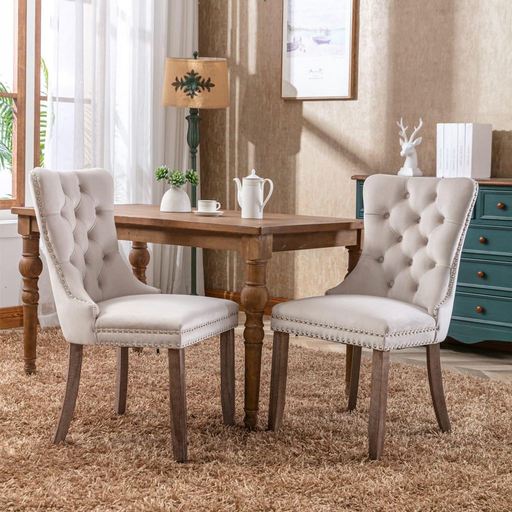 Moderner,hochwertiger,getufteter Esszimmerstuhl(2er-Set) aus Massivholz mit zeitgemäßem Samtbezug, Holzbeinen und Nagelkopfverzierung, Beige