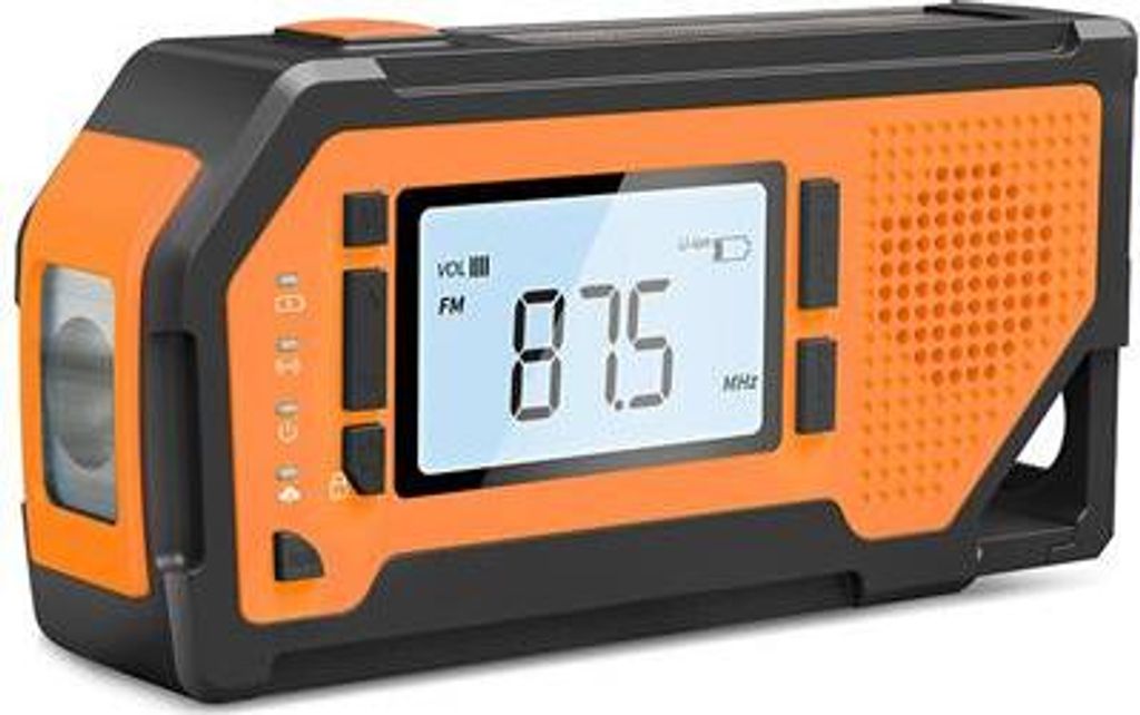Notfallradio Emergency Star mit 2000mAh Powerbank, Handkurbel, Solar, LED-Taschenlampe, SOS, IPX3, 160x49x81mm, Orange