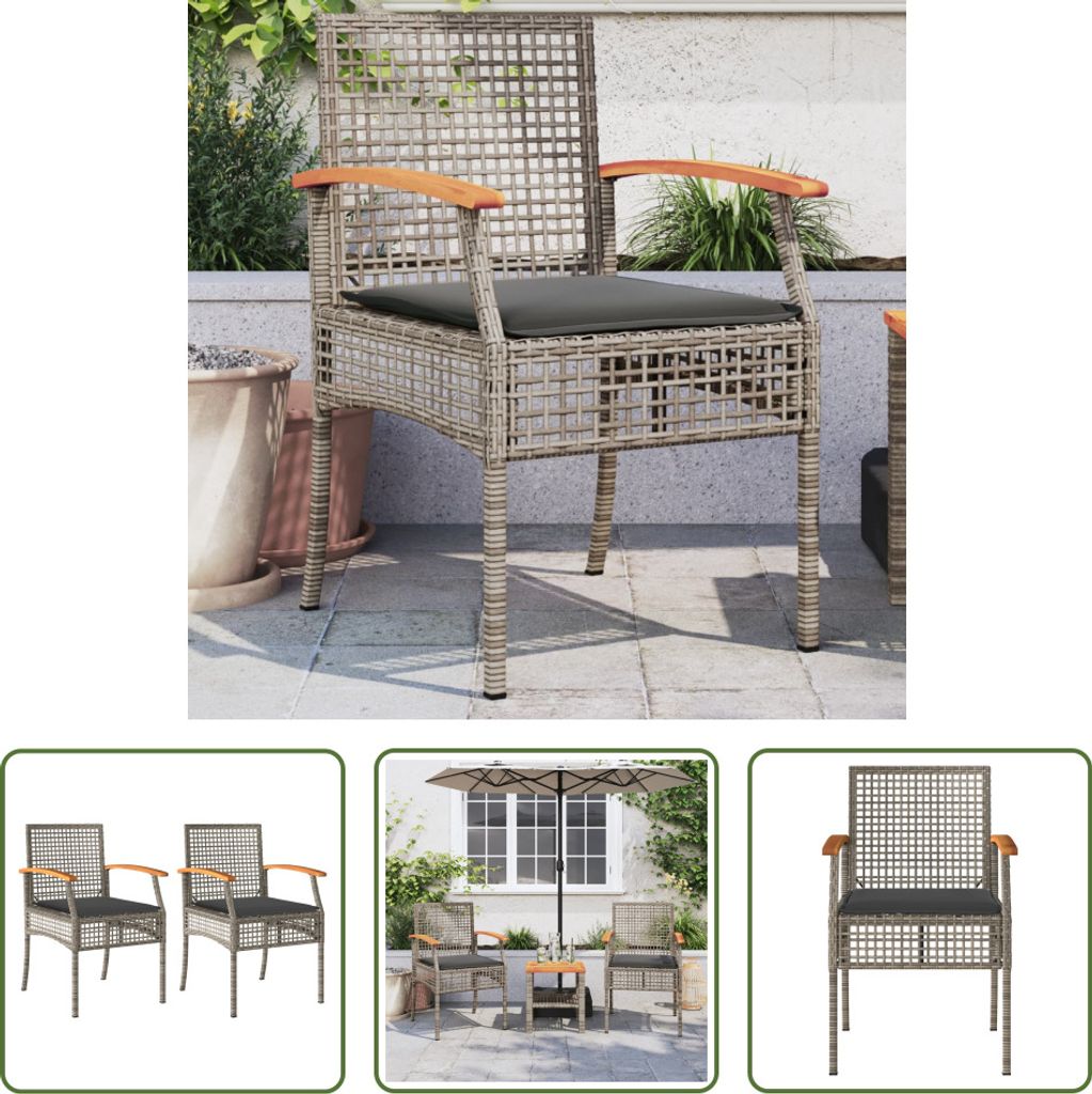 The Living Store Gartenstühle mit Kissen 2 Stk. Grau Poly Rattan Akazienholz