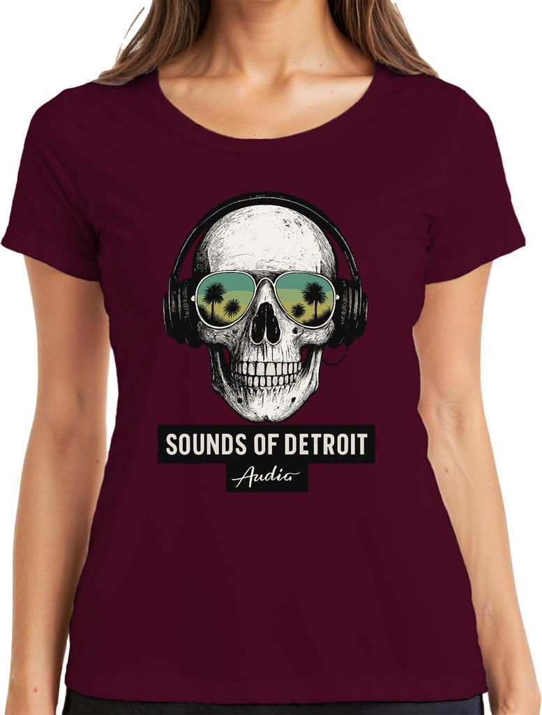Sounds of Detroit Audio Totenkopf Kopfhörer Techno DJ Retro Club Damen T-Shirt, Burgundy, XL