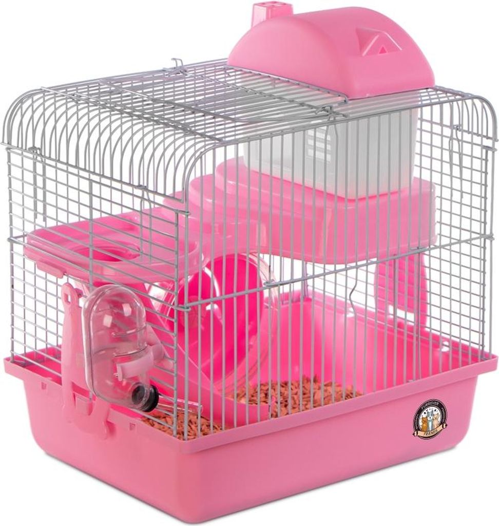 A pink hamster cage with multiple levels, tubes, a wheel, and a water bottle, set against a white background.