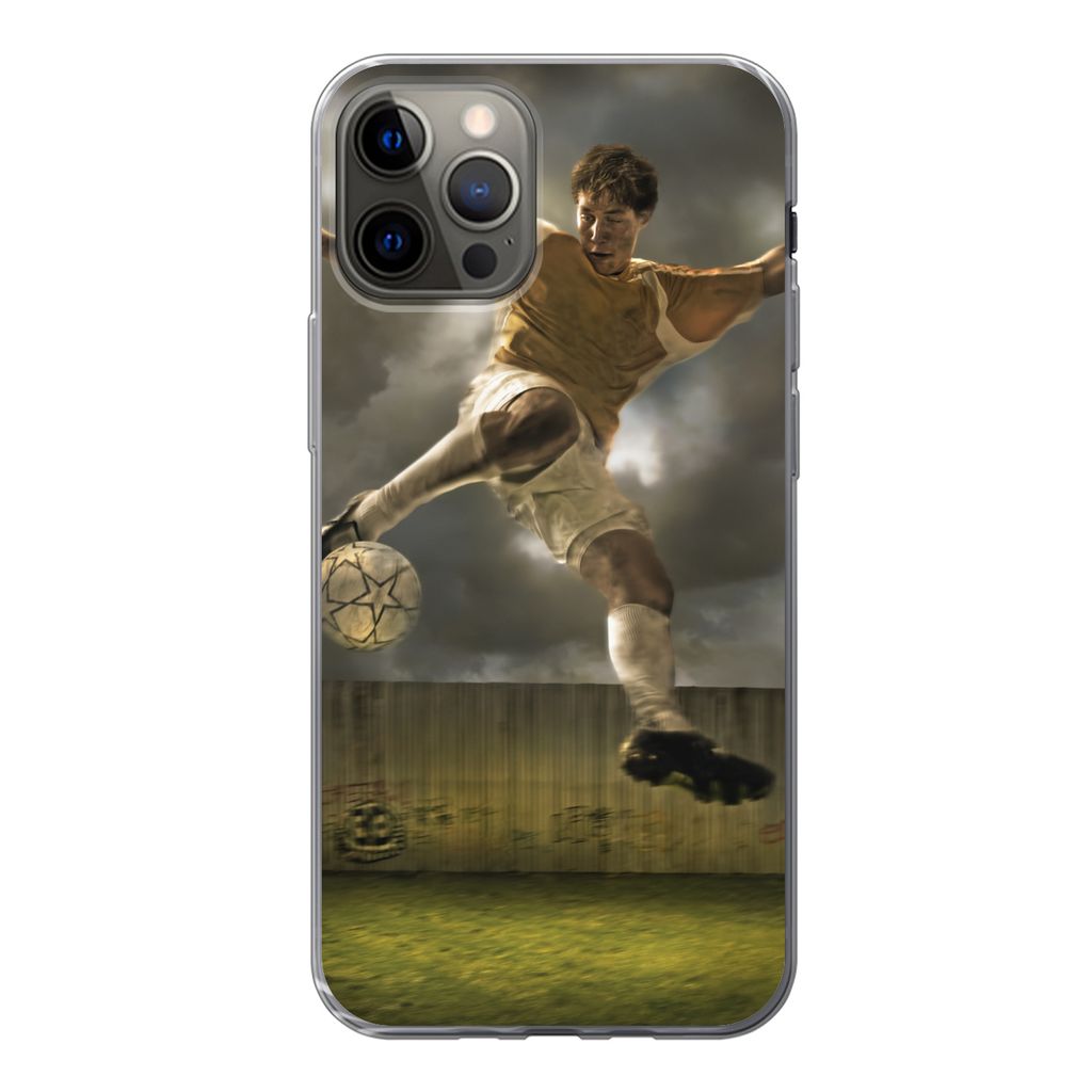 MuchoWow Handyhülle Schutzhülle Hülle für iPhone 12 Pro Eine Illustration eines Fußballspielers, der den Ball schießt - Jungen - Kinder Sil...
