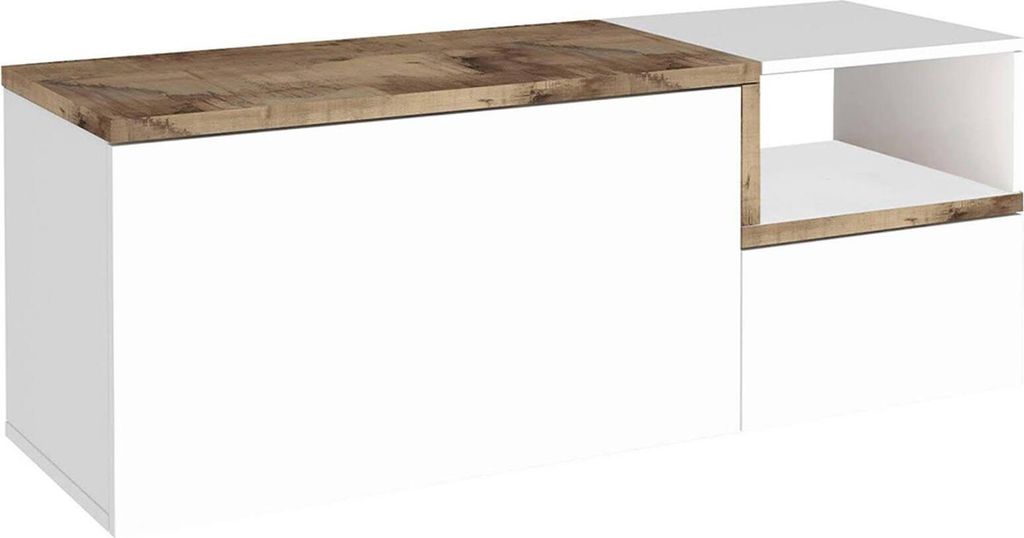 Eingangsmöbel Flavio, Moderner multifunktionaler Eingang, Mehrzweckschrank für Atrium, 100% Italy, cm 120x40h54, Hochglanzweiß und Ahorn