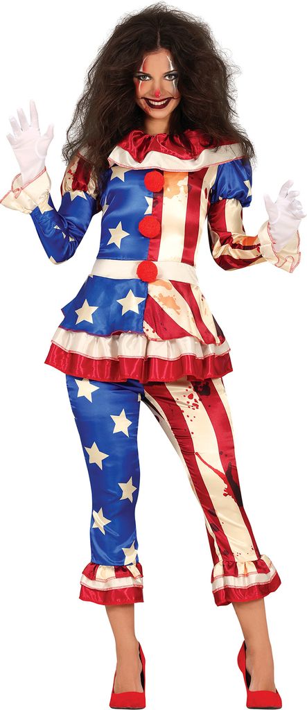 Clown Amerika Halloween Kostüm Gruselig Spaß Horror Party Nacht Unheimlich Stars Stripes Böse Zirkus Lächeln Schaurig Parade Furcht Sommer, Gr...