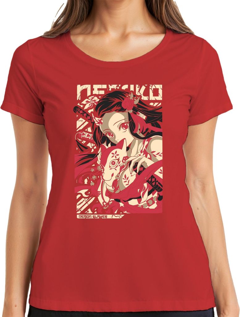 Demon Slayer Nezuko Kitsune Maske Anime Geschenk Japan Y2K Streetwear Manga Damen T-Shirt, Rot, M