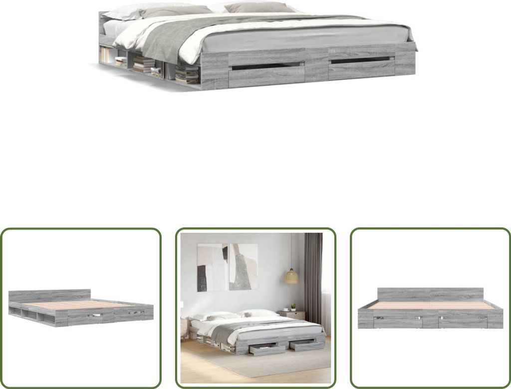 The Living Store Bettgestell mit Schubladen Grau Sonoma 200x200cm Holzwerkstoff