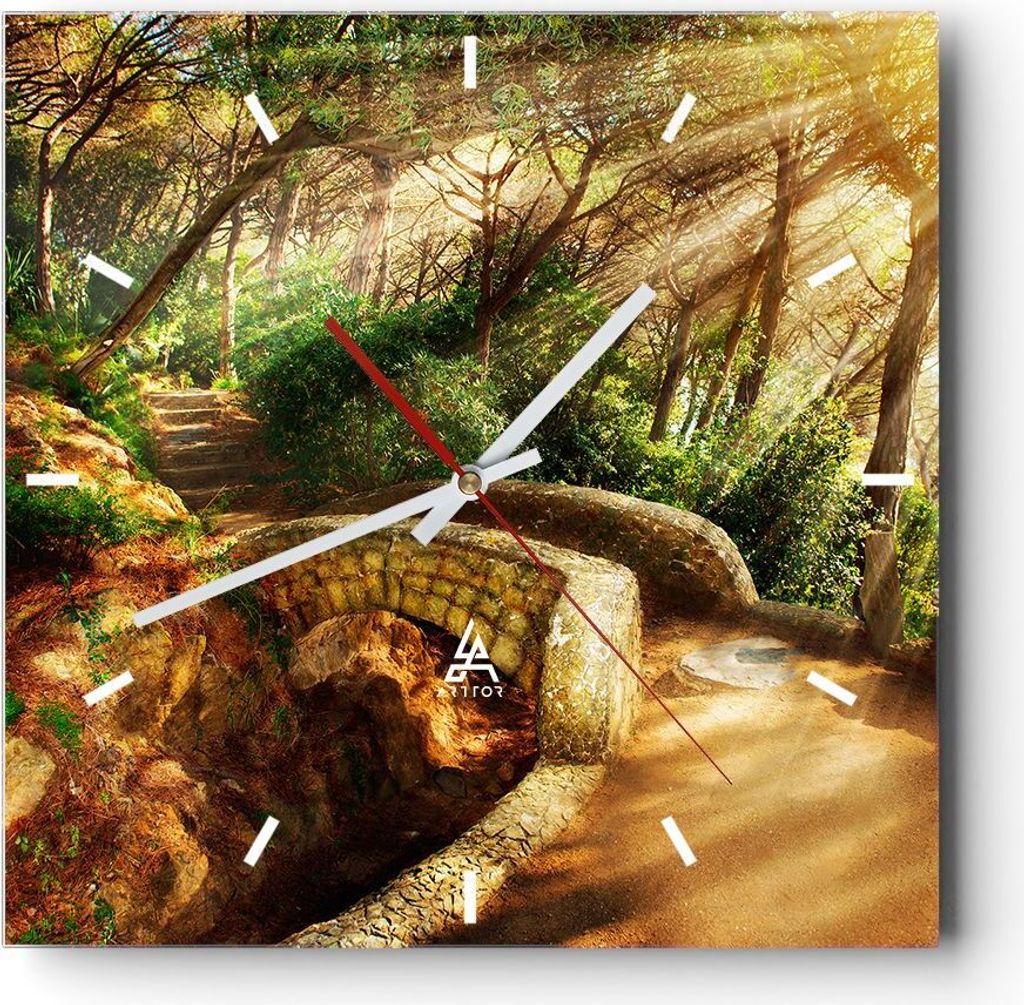 Wanduhr - Quadrat - Glasuhr - Pfad Steinbrücke Wald Herbst - 30x30cm - Schleichendes Uhrwerk - Lautlos - zum Aufhängen bereit - Dekoration Modern...