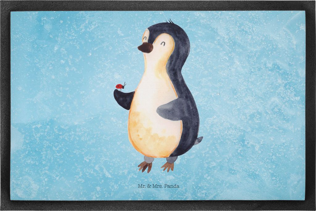 Mr. & Mrs. Panda Fußmatte Pinguin Marienkäfer 60 x 90 cm - Eisblau - Geschenk, Wunder, Glück, Liebe, Fußabtreter, Bodenvorleger, Schuhabstreife...