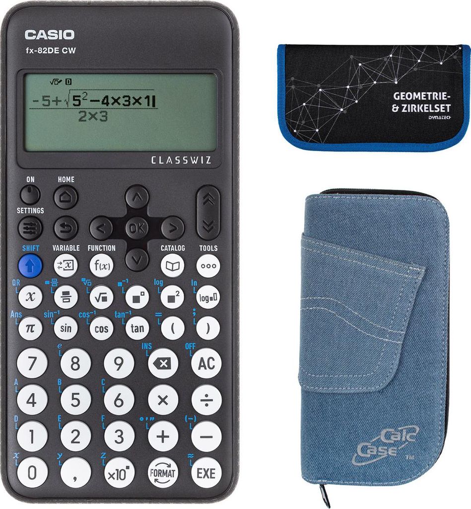 Casio FX-82 DE CW mit Jeans-Tasche hellblau, und Zirkelset blau