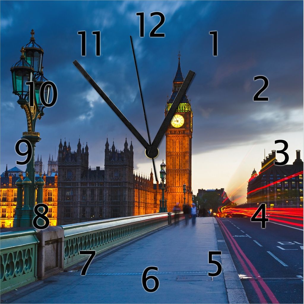 Wallario Design Wanduhr London- Big Ben bei Nacht aus Echtglas, Größe 30 x 30 cm