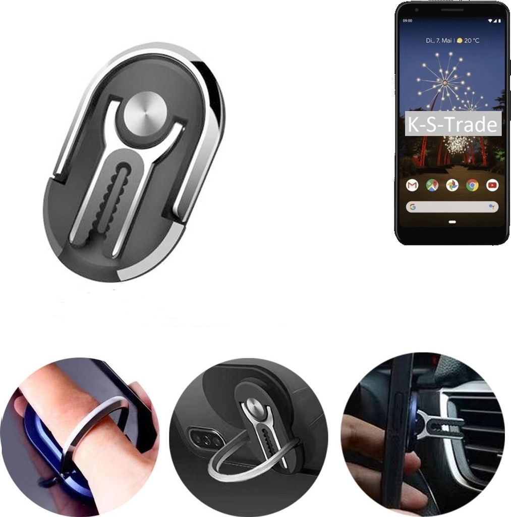 K-S-Trade 3in1 Smartphone-Ring Handy-Ring kompatibel mit Google Pixel 3a XL Fingerhalterung Handyring Tischständer Lüftungsgitter-Halterung Tisch