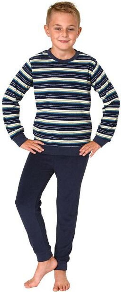 Jungen Frottee Pyjama in Ringel-Optik, warmer Schlafanzug mit Bündchen in tollen Farben ; gelb , 164