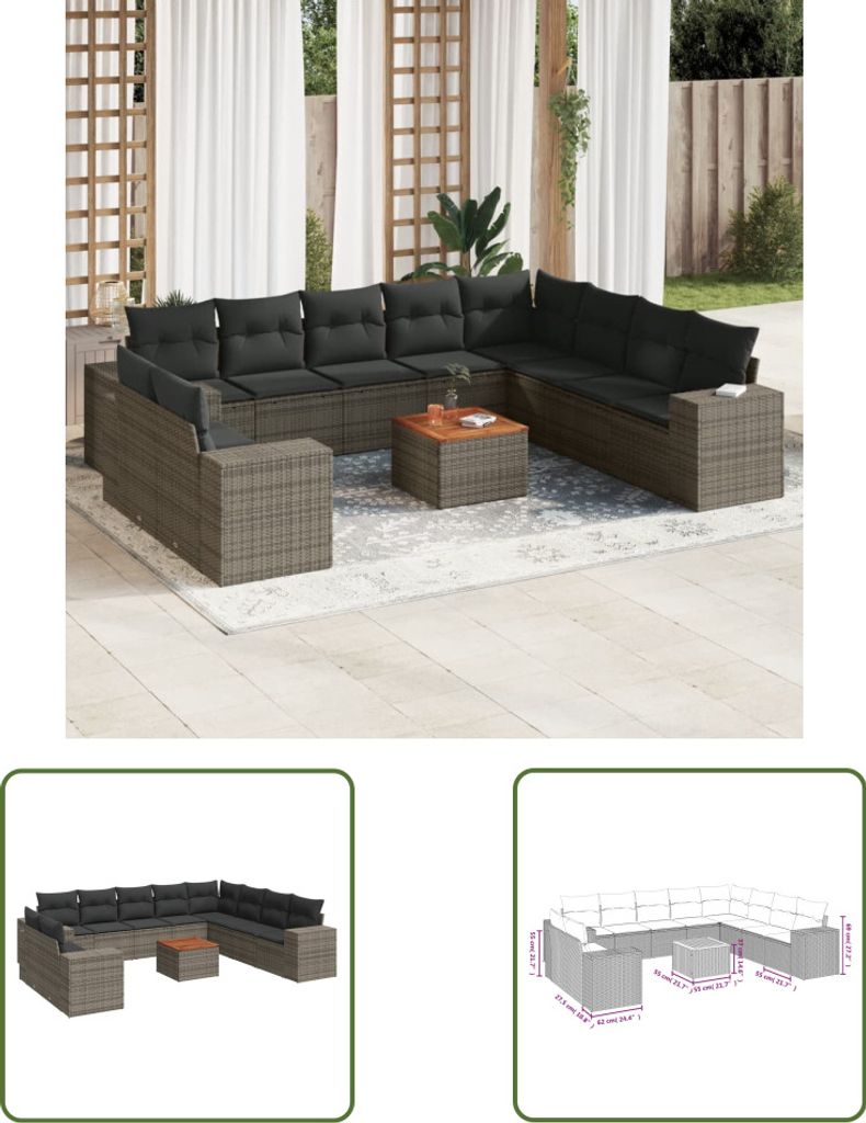 The Living Store 11-tlg. Garten-Sofagarnitur mit Kissen Grau Poly Rattan