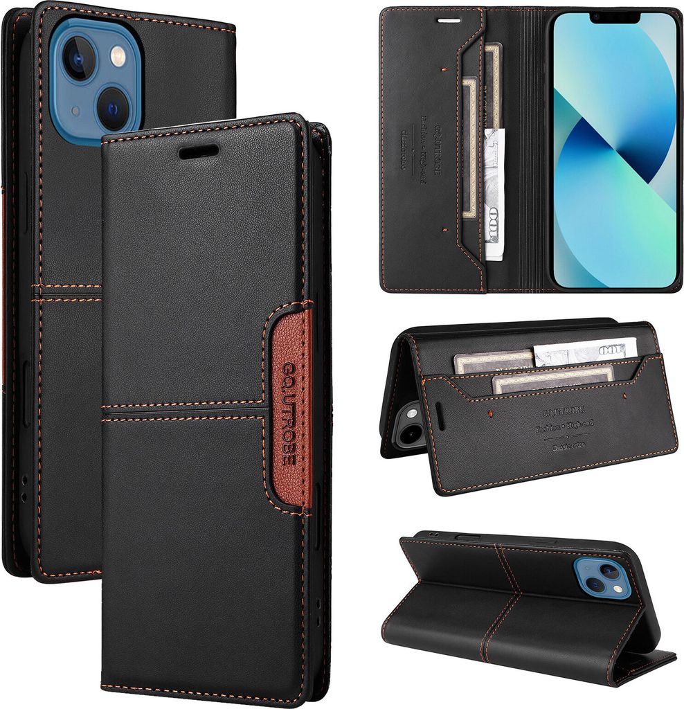 Handyhülle für iPhone 15 Hülle, Leder Flip Wallet Kartenfach Stand Schutzhülle Schwarz