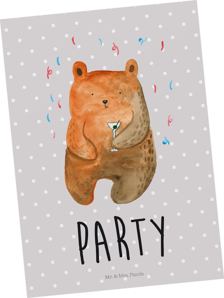 Mr. & Mrs. Panda Postkarte Bär Party - Grau Pastell - Geschenk, Ansichtskarten, Ansichtskarte, Gute Laune, Teddy, Postkarten, Grußkarte, Lustig, ...