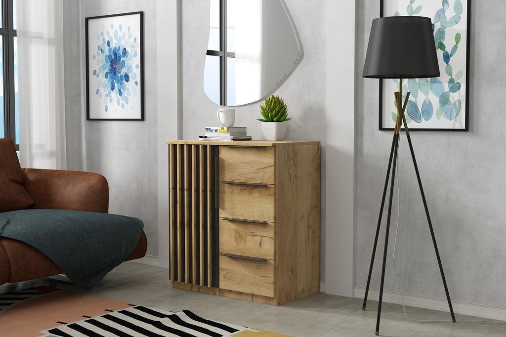Sorento Kommode - Craft Gold, Lamellen Schwarz - 80 x 48 x 89 cm