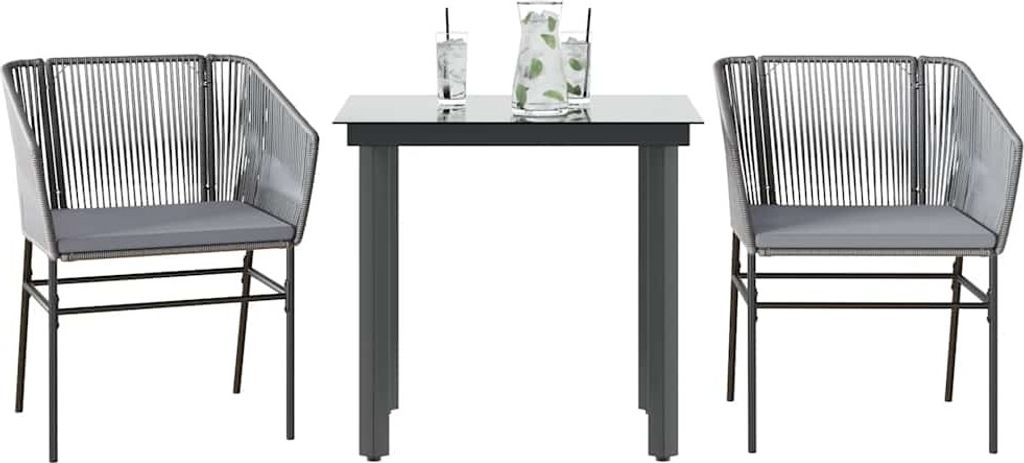 Möbel 3-tlg. Garten-Essgruppe mit Kissen Grau Poly Rattan Glas - Sitzgruppe 3334625