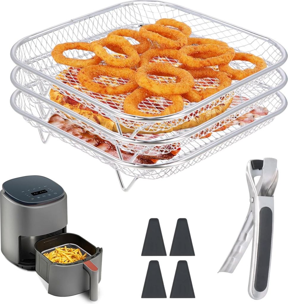 Luftfritteusen Regal aus 304 Edelstahl 3 lagig stapelbares, 21*21cm Gitter für Heißluftfritteuse Zubehör Eckig, Airfryer Zubehör